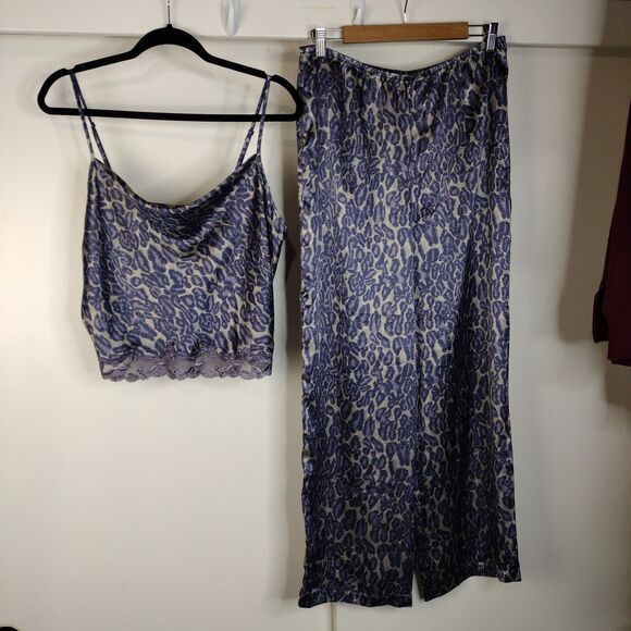 2 Piece Victoria's Secret Leopard Pajama Set Purple Grey Lounge Sexy Size L - Picture 1 of 8